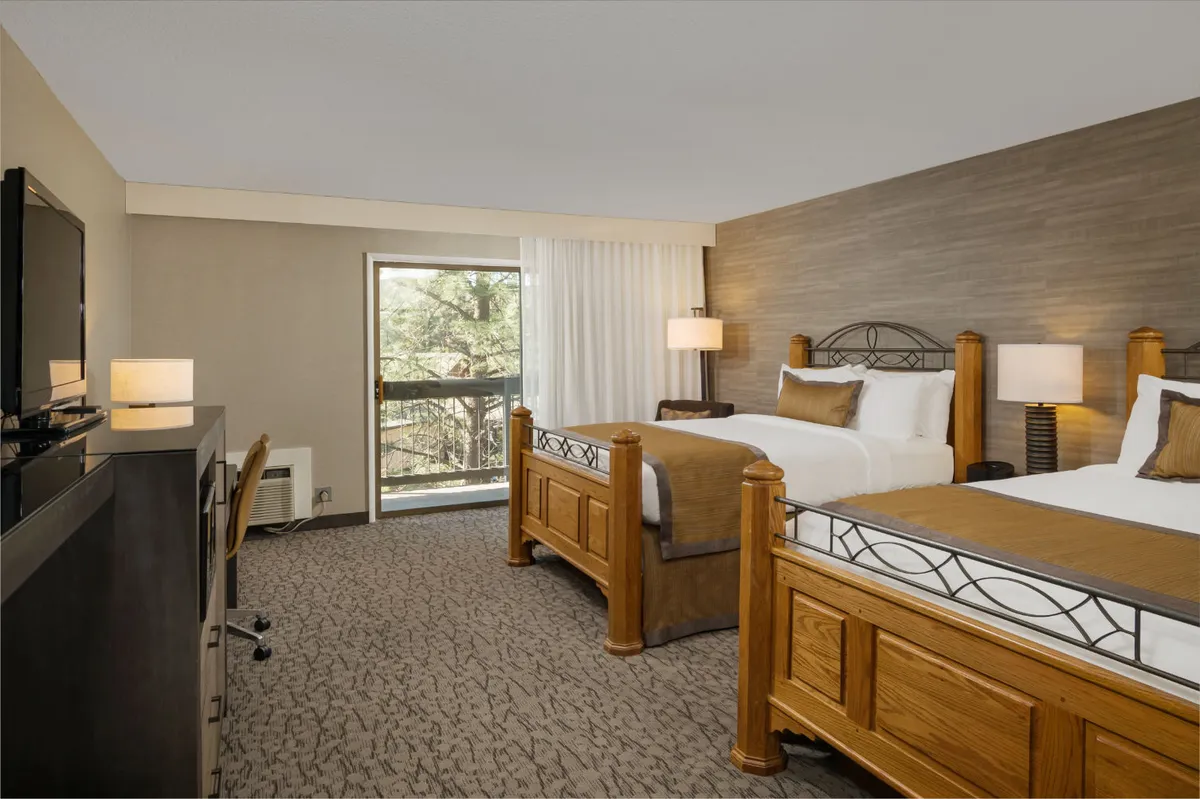 The image features two wooden beds positioned beside a large window that fills the room with natural light. A television is mounted opposite the beds, and the scene exudes calm and restful energy, ideal for both sleep and quiet time.